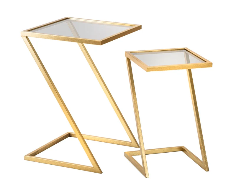 Tavolinetti Z Coppia 40x40x60 cm - 30x30x50 cm in Ferro e Vetro Oro