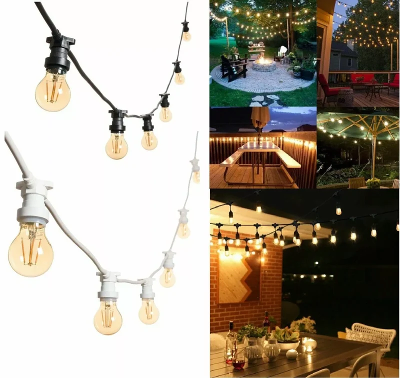 Catena Luminosa Esterno LED 10M/15M, 10/15 Portalampade E27, Bianco/Nero