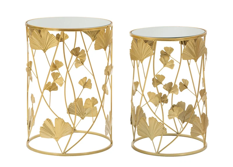 Tavolinetti Leavy Coppia Ø38x55 cm - Ø33x50 cm in Ferro e MDF e Specchio Oro