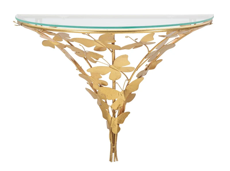 Comodino da Muro Butterflies 44,5x24,5x34,5 cm in Ferro e Vetro Oro