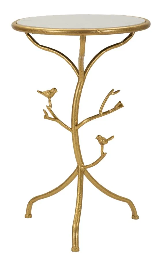 Tavolinetto Birds Marble Ø38x60 cm in Ferro e Marmo Oro e Bianco