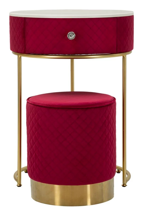 Comodino Toeletta con Puff Vellit Rosso Ø52x70 cm - Ø36x39 cm in Pino e MDF e Metallo