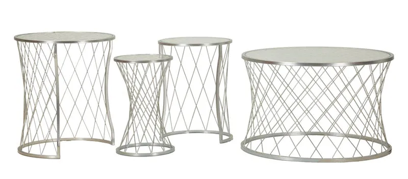 Tavolinetti Noah Silver Set 4 Pz Ø47x54,5 cm - Ø36x50 cm - Ø28x45 cm - Ø70x45 cm in Ferro e Vetro Argento