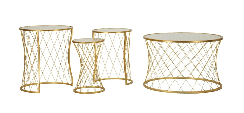 Tavolinetti Noah Gold Set 4 Pz Ø47x54,5 cm - Ø36x50 cm - Ø28x45 cm - Ø70x45 cm in Ferro e Vetro Oro