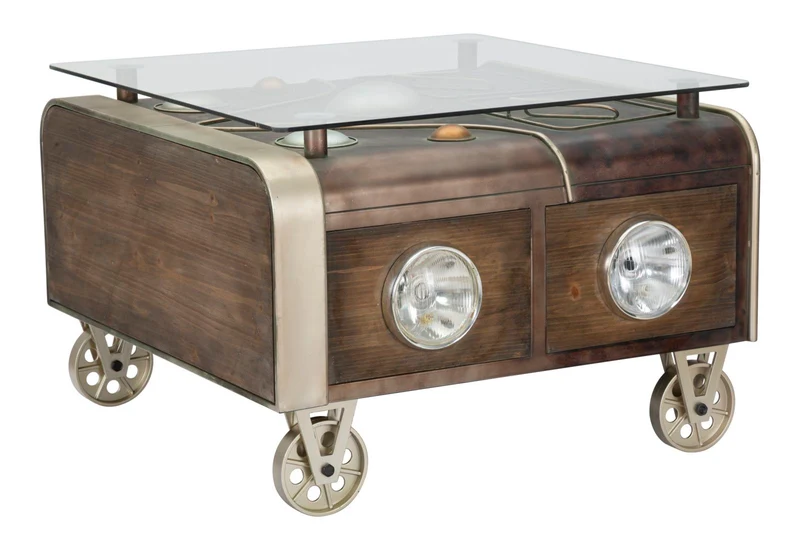 Tavolo da Caffé Old Style con Vetro 83x80x52,5 cm Legno di Abete e MDF e in Ferro Marrone