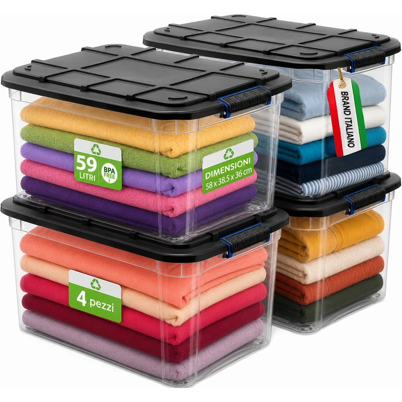Set 4 Pezzi Contenitori con Coperchio 58x38,5x36 cm Storage Box Solid Cargo Capienza 59L in Plastica