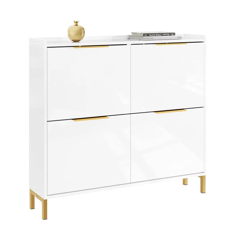 SoBuy | Schuhkipper Schmal | Schuhschrank | mit 4 Klappen | Hochglanz Weiß mit Goldgriffen | FSR206-GW