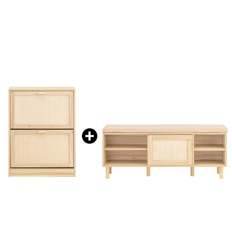 SoBuy | Schuhkipper-Set | Schuhbank mit Sitz & Schuhschrank mit 2 Klappen | Natur | FSR163-N+FSR160-N