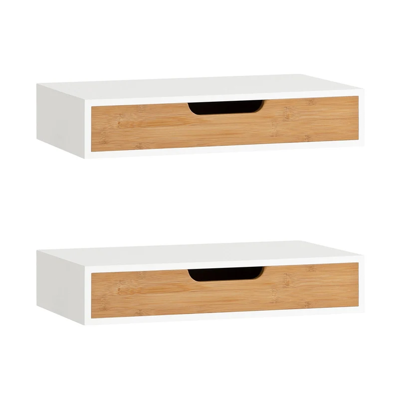 SoBuy | 2er Set Schweberegal Weiß | Hängeschublade | Wandschublade Bambus | FRG92-WNx2
