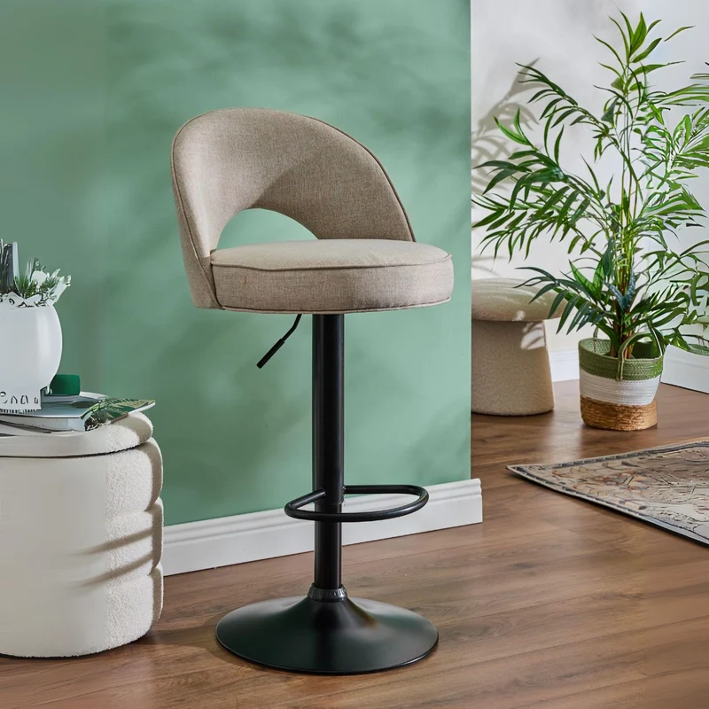 Set of 2 Bar Stools with Footrest and Adjustable Height, Fabric Seat and Painted Metal Base - 49x47x109 cm