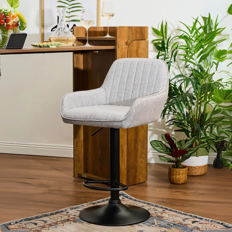 Set of 2 Kitchen Stools, Adjustable Footrest and Height, Fabric Seat and Painted Metal Base - 49x53x109 cm