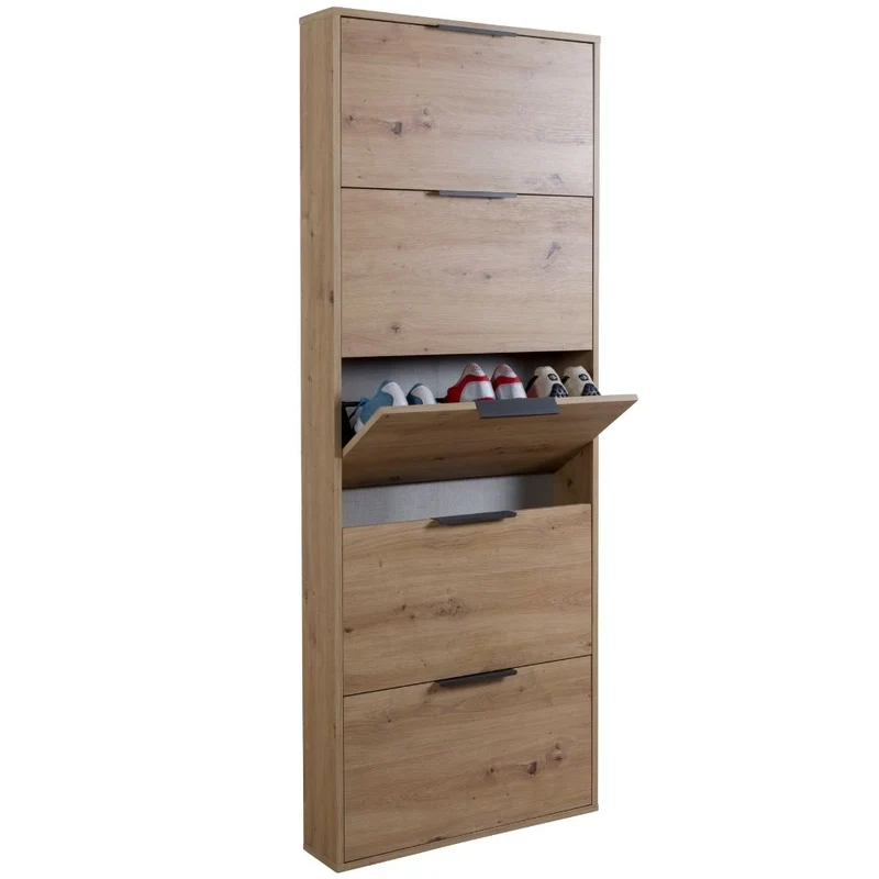 Entrance Shoe Rack with 5 Drop-Door Doors in FSC Oak Wood, 65x15x173 cm