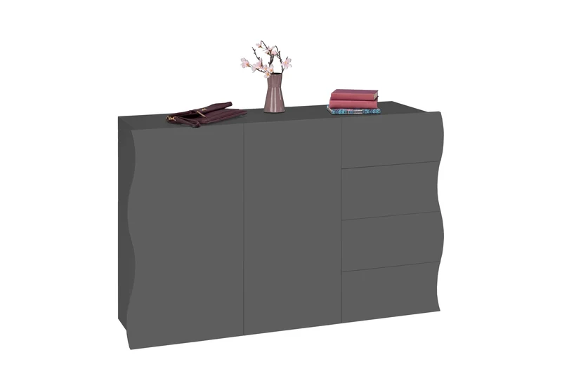 Mobile Multiuso 2 Ante 4 Cassetti Onda 124x40x81 cm Finitura in Melamina Antracite Opaco