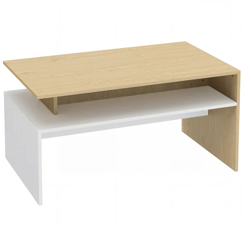 Tavolino da Salotto 95x55x50 cm con Mensola Asimmetrica in MDF Legno Naturale e Bianco