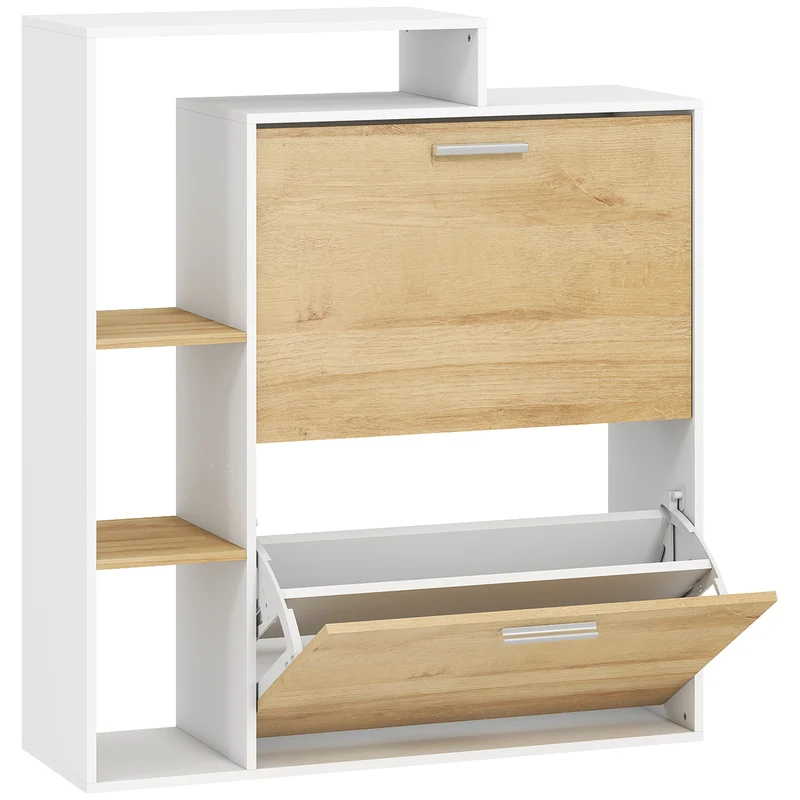 Mobile Portascarpe 80x26x 90 cm con 2 Cassetti a Ribalta e ripiani Bianco e Legno Naturale