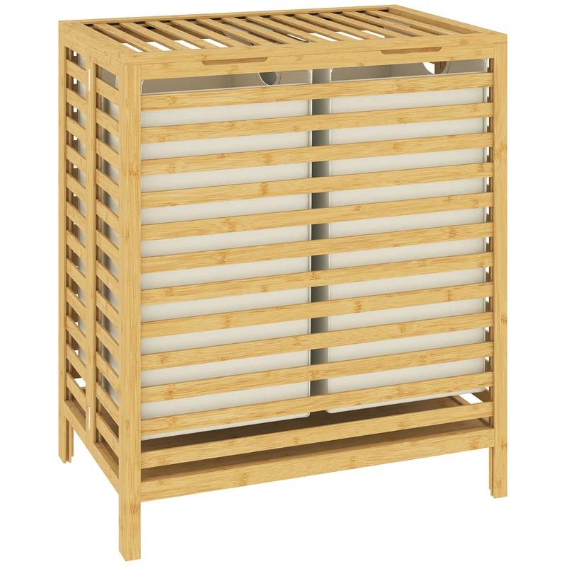 Cesto Portabiancheria 55x36x64,2 cm 2 Sacche Rimovibili e Lavabili 64L con Coperchio in Tessuto Oxford in Bambù