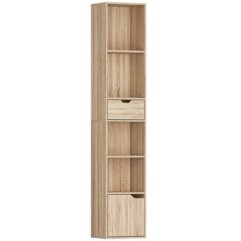 Scaffale Libreria 30x24x158 cm a 4 Ripiani Aperti con Armadietto e Cassetto Color Legno