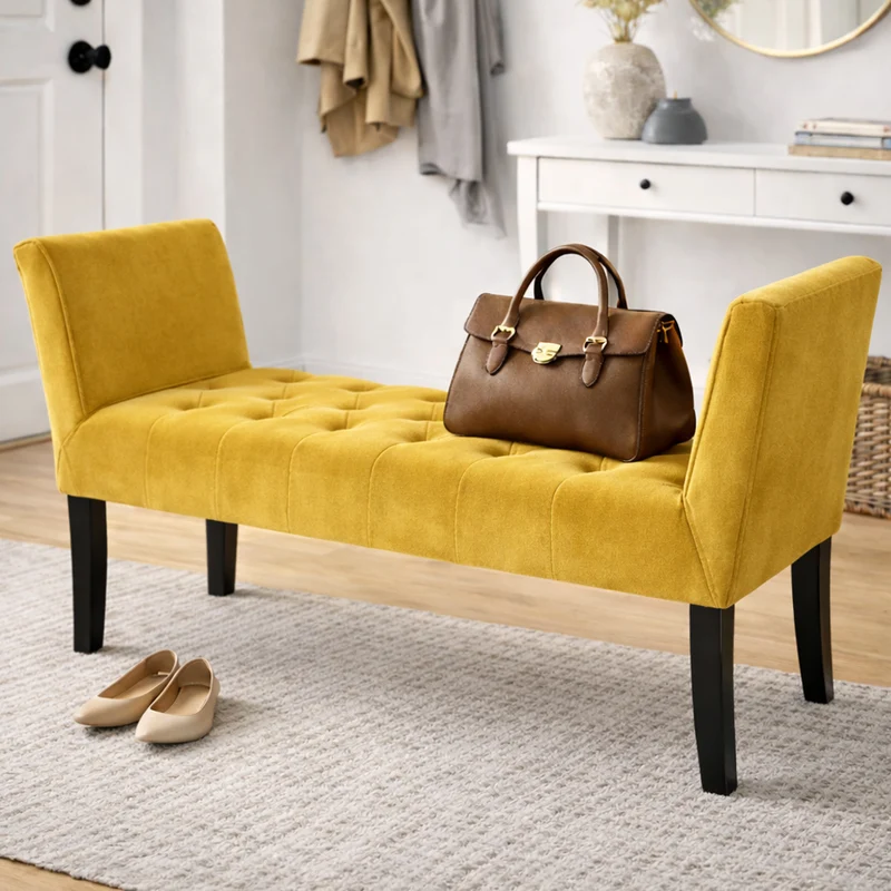 Panca Fondoletto Ingresso 111x40x60 cm con Piedi in Legno e Rivestimento Velluto Mostarda