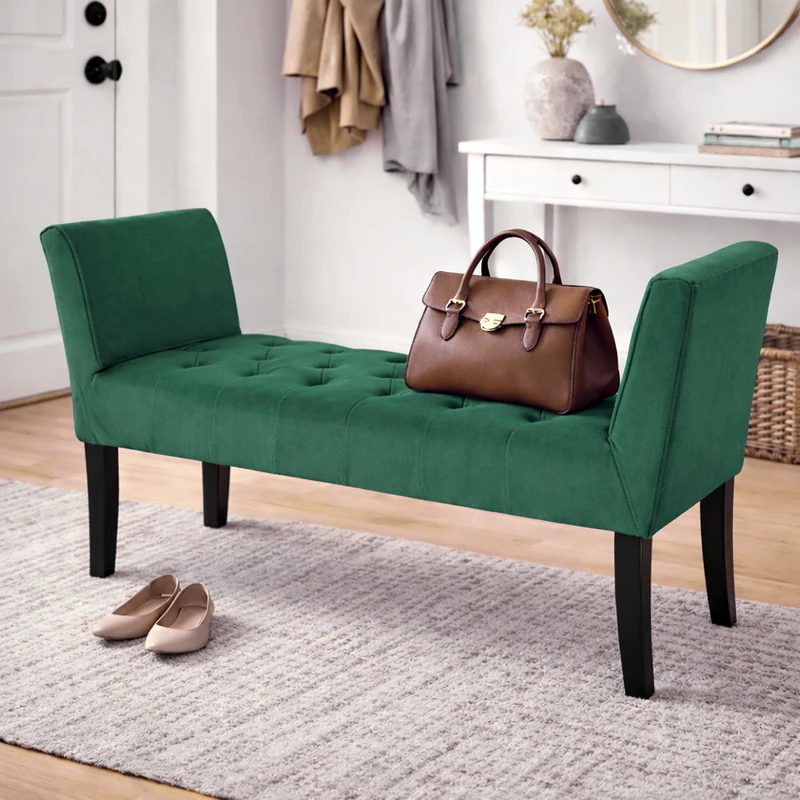 Panca Fondoletto Ingresso 111x40x60 cm con Piedi in Legno e Rivestimento Velluto Verde