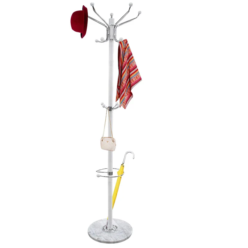 Attaccapanni Appendiabiti a Piantana 37x37x176 cm 16 Ganci con Portaombrelli in Metallo Bianco