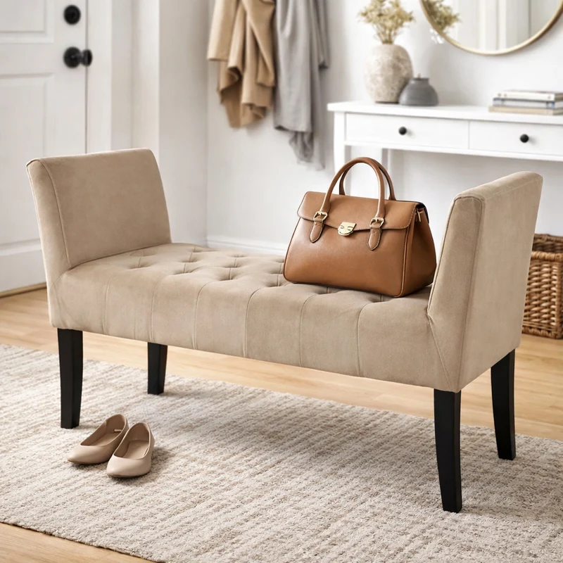 Panca Fondoletto Ingresso 111x40x60 cm con Piedi in Legno e Rivestimento Velluto Tortora