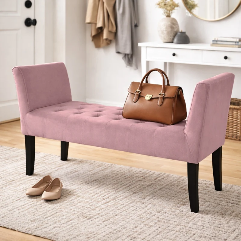 Panca Fondoletto Ingresso 111x40x60 cm con Piedi in Legno e Rivestimento Velluto Rosa
