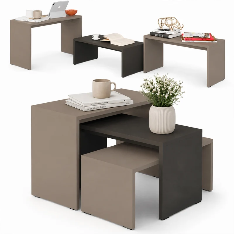 Set 3 Pezzi Tavolini Caffe Rettangolare a Incastro in Legno MDF Moka e Antracite