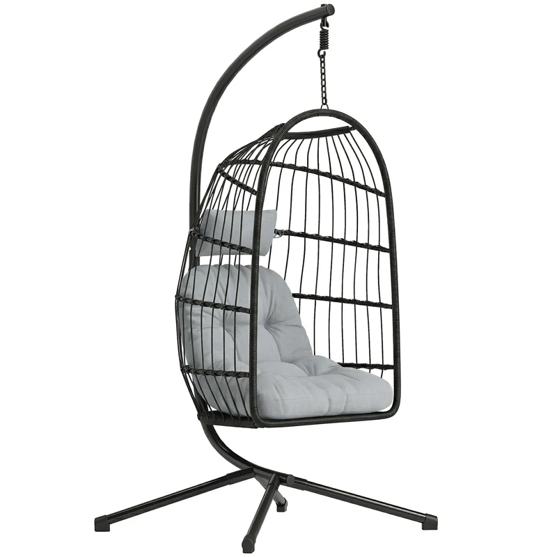 Sedia a Uovo Sospesa 105x101x196 cm con Supporto e Cinghia di Sicurezza in Metallo e Rattan PE Nero e Grigio Chiaro