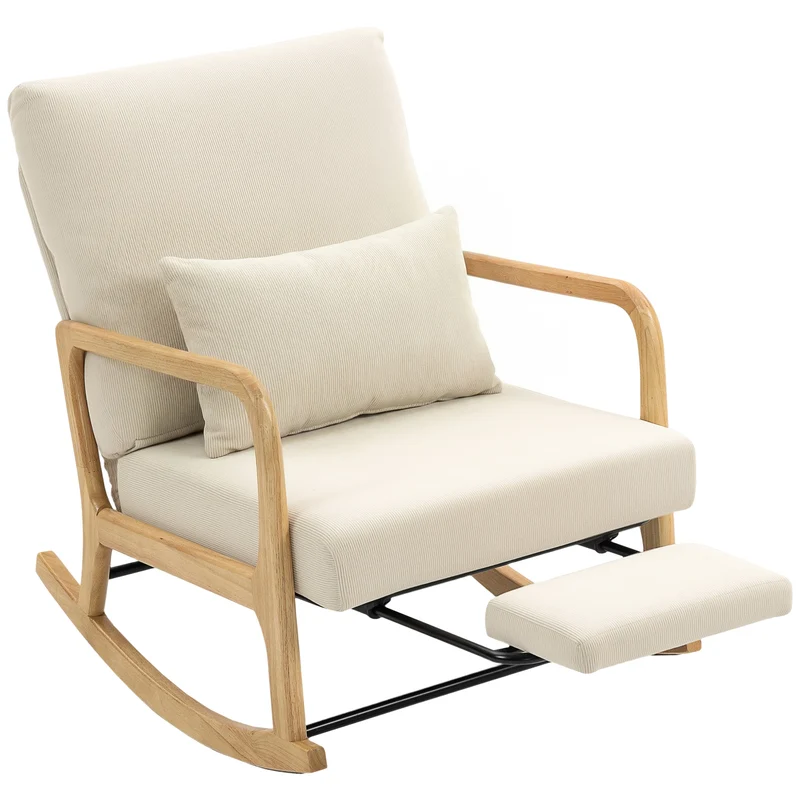 Sedia a Dondolo 70x89x97,5 cm con Poggiapiedi Schienale Reclinabile in Stile Scandinavo in Velluto a Coste Crema