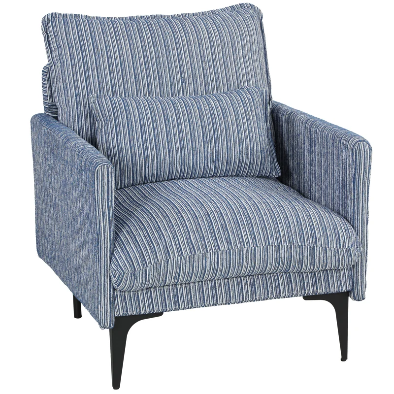 Poltrona Salotto Imbottita 73x80x80 cm con Braccioli Cuscino Lombare e Seduta Ampia in Tessuto Effetto Lino Blu