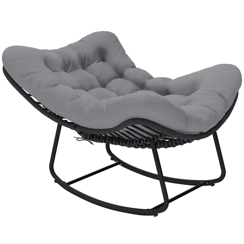 Sedia a Dondolo 87x110x70 cm con Cuscino Morbido in Rattan Grigio Scuro