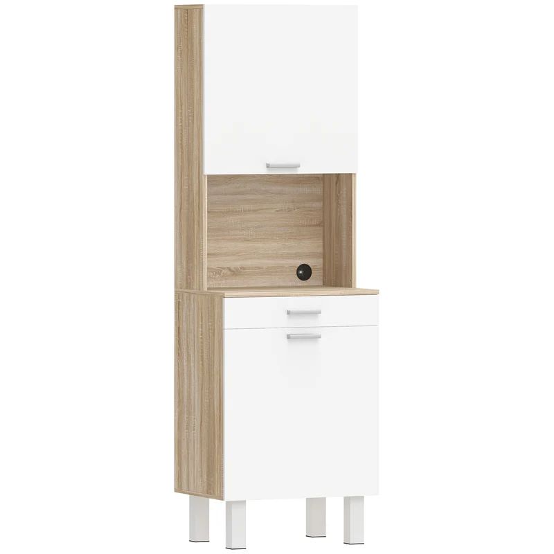 Credenza da Cucina 55x40x175 cm con Ripiani Aperti 2 Armadietti e Cassetto in Legno e Metallo Bianco e Legno