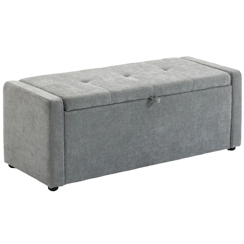 Cassapanca Contenitore 122x48x44 cm Capienza 142L Pouf Seduta Ampia Imbottita Capacità 200 kg in Lino Grigio Chiaro