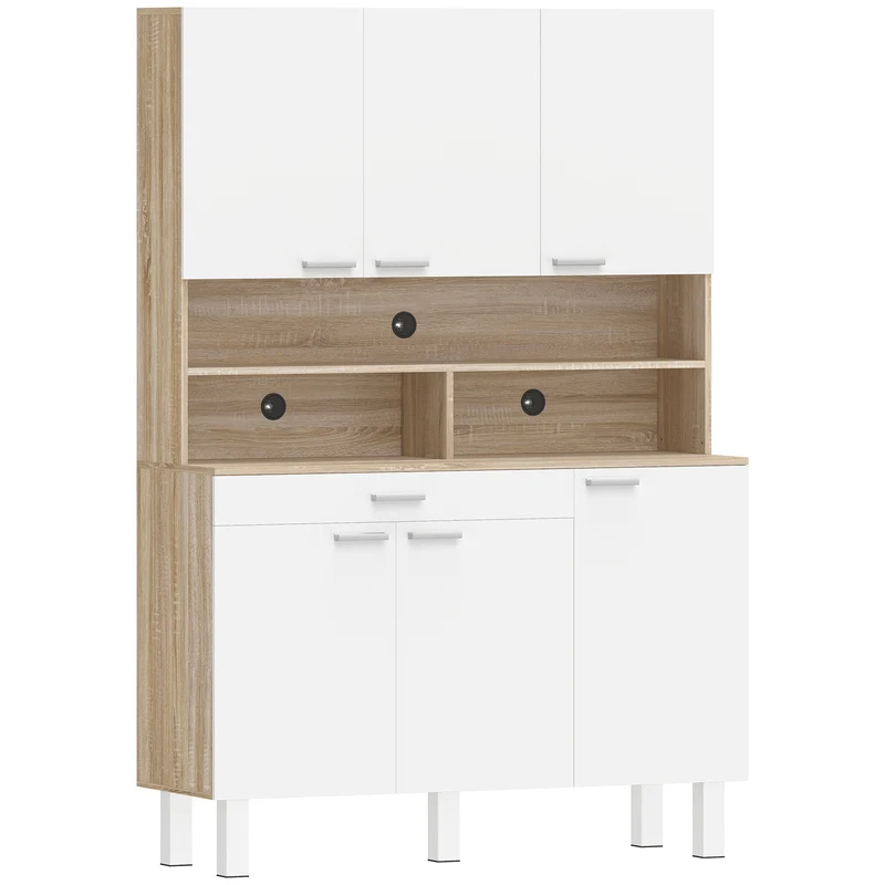 Credenza da Cucina 120x40x175 cm con Ripiani Aperti 4 Armadietti e Cassetto in Legno e Metallo Bianco e Legno