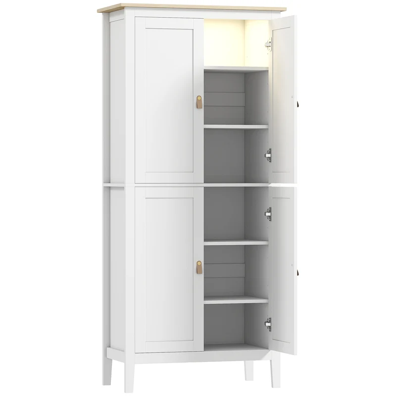 Credenza Mobile da Cucina 80x40x176,5 cm con Luce LED Dimmerabile a 3 Colori Ripiani Regolabili in MDF Bianco