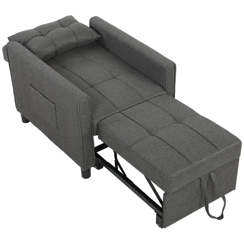 Poltrona Letto Singolo 69x82x85 cm con Schienale Reclinabile in Tessuto Effetto Lino e Legno Grigio