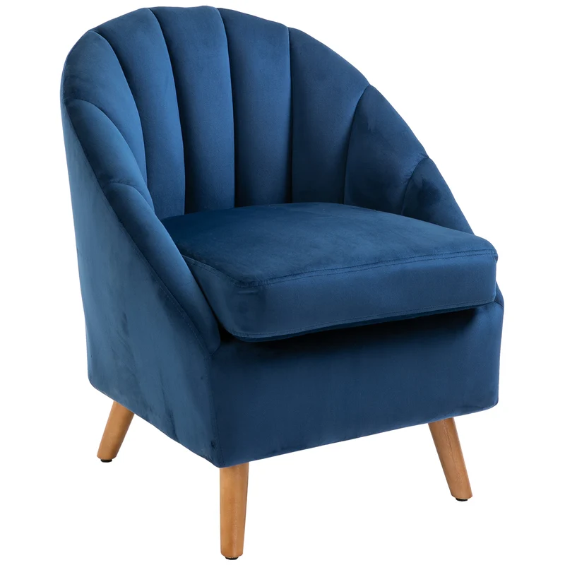 Poltrona da Salotto 67x65x77 cm con Imbottitura Spessa Gambe in Legno e Braccioli in Velluto Blu