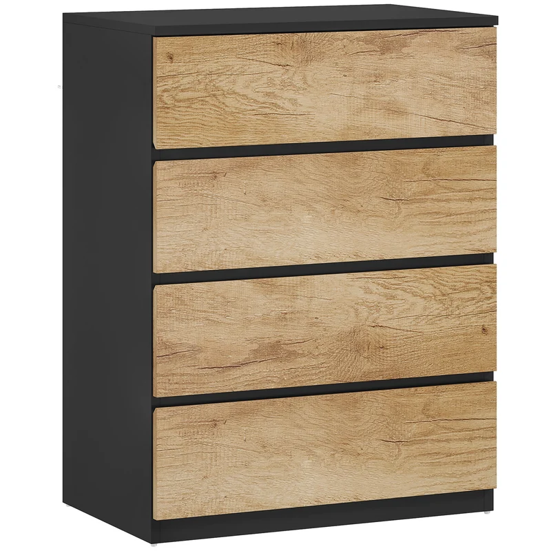 Cassettiera 4 Cassetti 60x40x80 cm con Guide in Metallo e Maniglie Scanalate in Legno Nero e Rovere