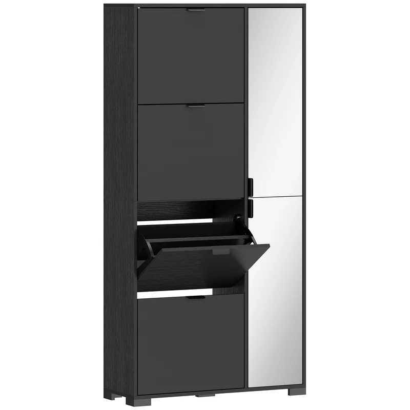 Scarpiera con Specchio 82x30x168 cm 4 Cassetti Ribalta e Armadietto 2 Ante in MDF Nero