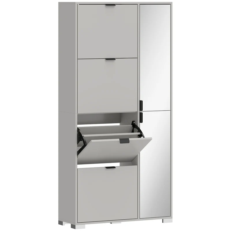 Scarpiera con Specchio 82x30x168 cm 4 Cassetti Ribalta e Armadietto 2 Ante in MDF Grigio
