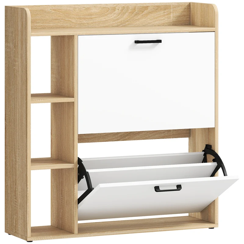 Scarpiera Slim 83x24x90,5 cm con 2 Cassetti Ribaltabili e 3 Vani Aperti Capacità 15 Scarpe Color Legno e Bianco