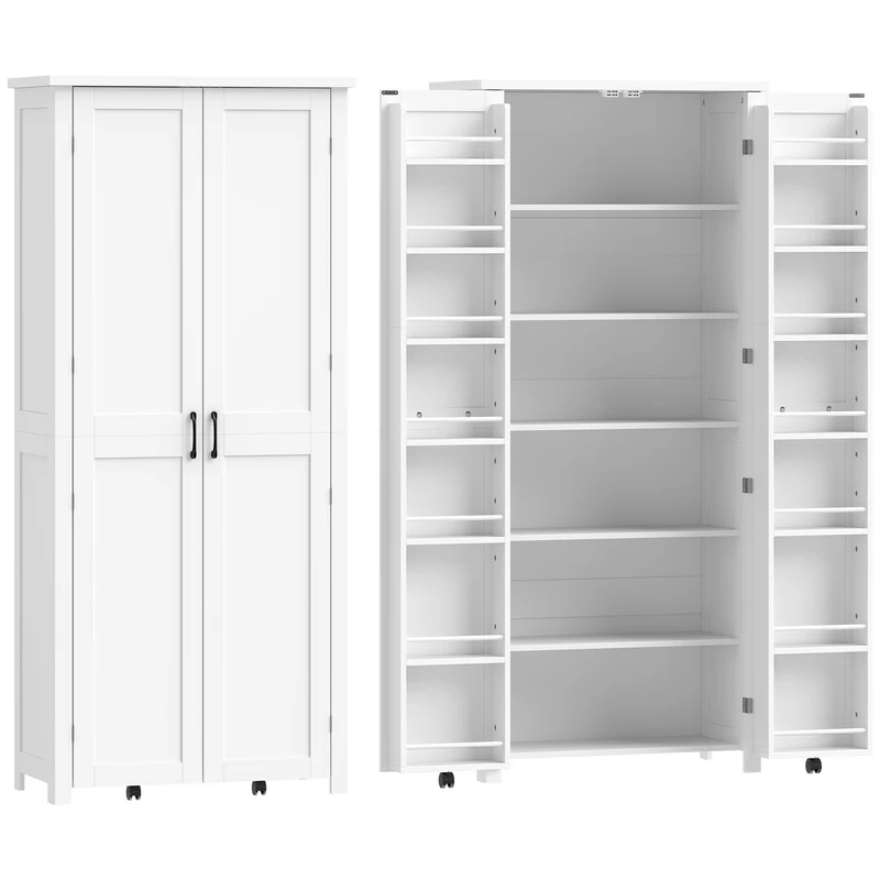 Mobile da Cucina 80x40x180 cm con Ruote 2 Ante 14 Scomparti in MDF Bianco