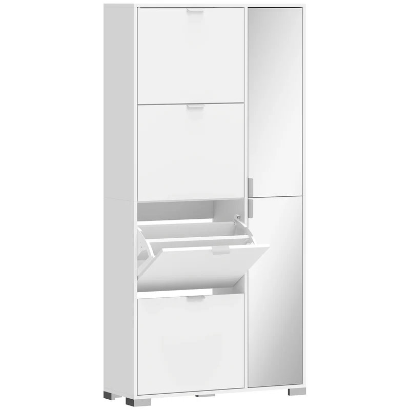 Scarpiera con Specchio 82x30x168 cm 4 Cassetti Ribalta e Armadietto 2 Ante in MDF Bianco