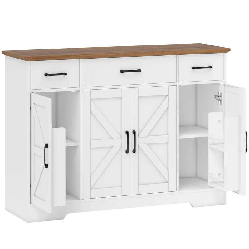 Credenza da Cucina Stile Rustico 120x38x87 cm con Ante Soft-Close 3 Cassetti 3 Ripiani Regolabili Portaspezie in MDF Bianco