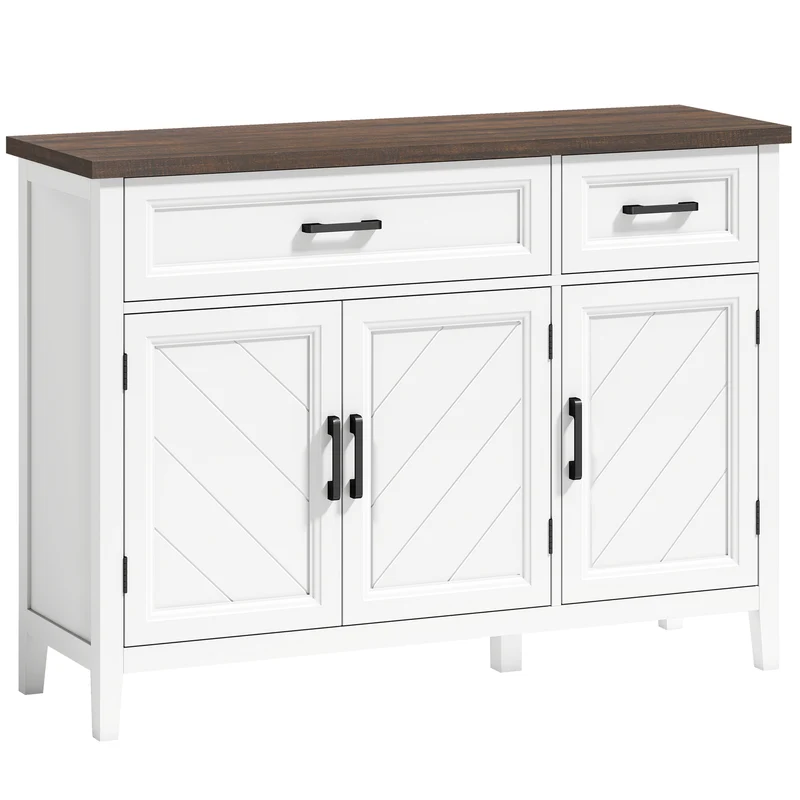 Credenza da Cucina 110x35x80,5 cm con 3 Ante a Fienili 2 Cassetti e 2 Ripiani Regolabili in Legno Bianco