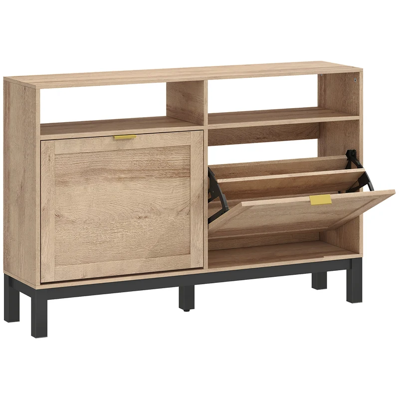 Scarpiera Salvaspazio Slim 120x29x80 cm con 2 Ante a Ribalta e Ripiani Regolabili Rimovibili per 8 Paia in MDF Noce