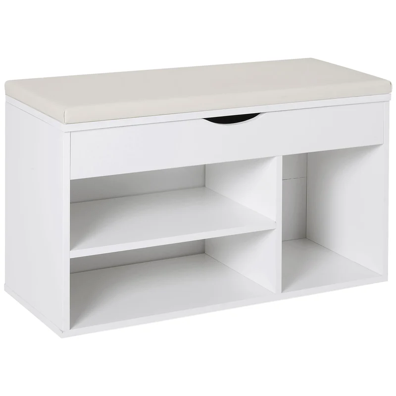 Panca Scarpiera 80x30x47 cm Salvaspazio con Sedile Imbottito Ribaltabile da Ingresso in Legno Bianco