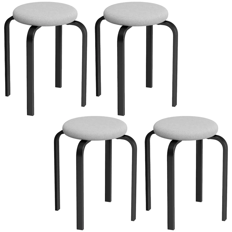 Set di 4 Sgabelli Impilabili Moderni Ø40x45 cm con Cuscino Tondi in Tessuto Effetto Lino Grigio