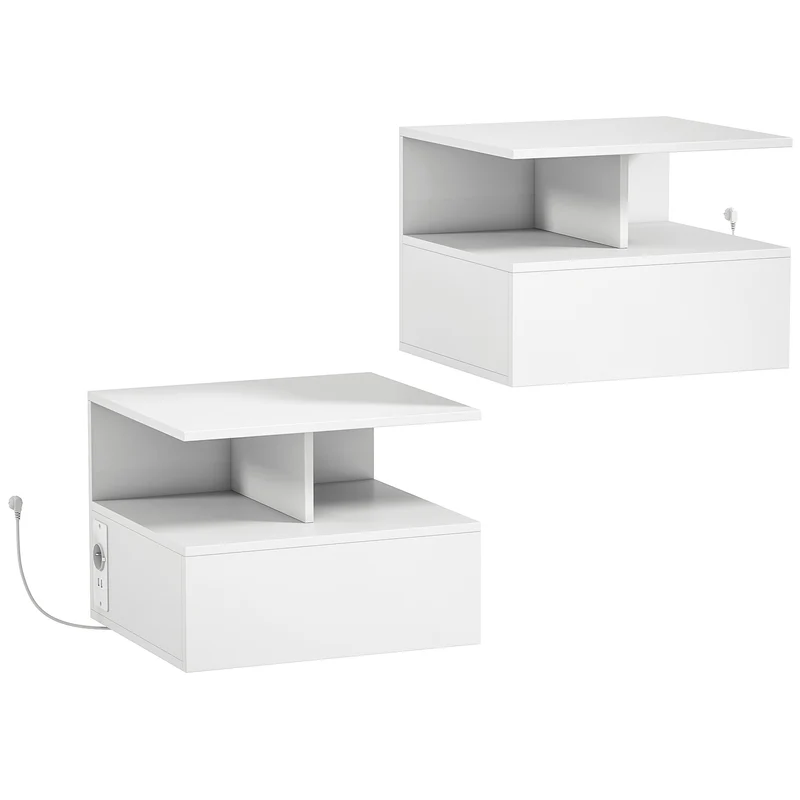 Set 2 Comodini Sospesi 40x35x30 cm con Stazione di Ricarica Cassetto e Ripiano Aperto in Legno Bianco