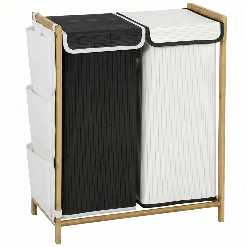 Cesto Portabiancheria 63x33x78 cm 2 Scomparti 120L con Coperchi Tasche Laterali Sacchi Estraibili in Bambù e Poliestere Bianco e Nero